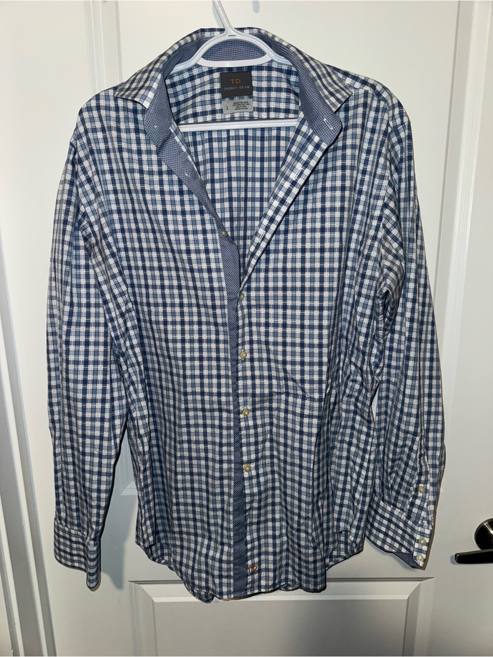 Thomas Dean Navy and White Check Dress Shirt